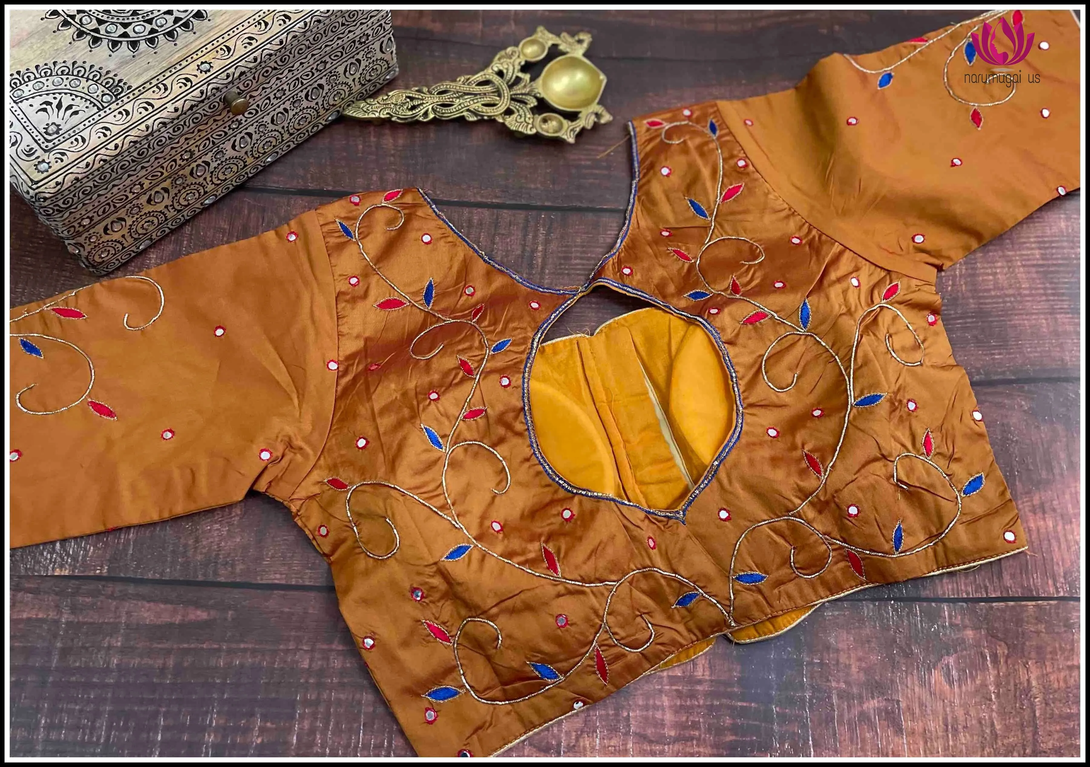 Mustard semi silk blouse with mirror work - Size 38