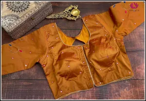 Mustard semi silk blouse with mirror work - Size 38