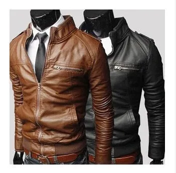 New Arrive Arrive Leather Jacket Men Slim Fit Coat Stand Collar PU Male Leather Jacket