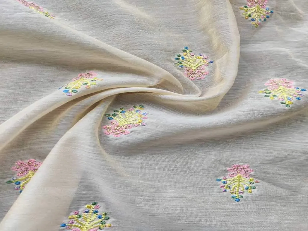 Off-White Floral Embroidered Chanderi Fabric