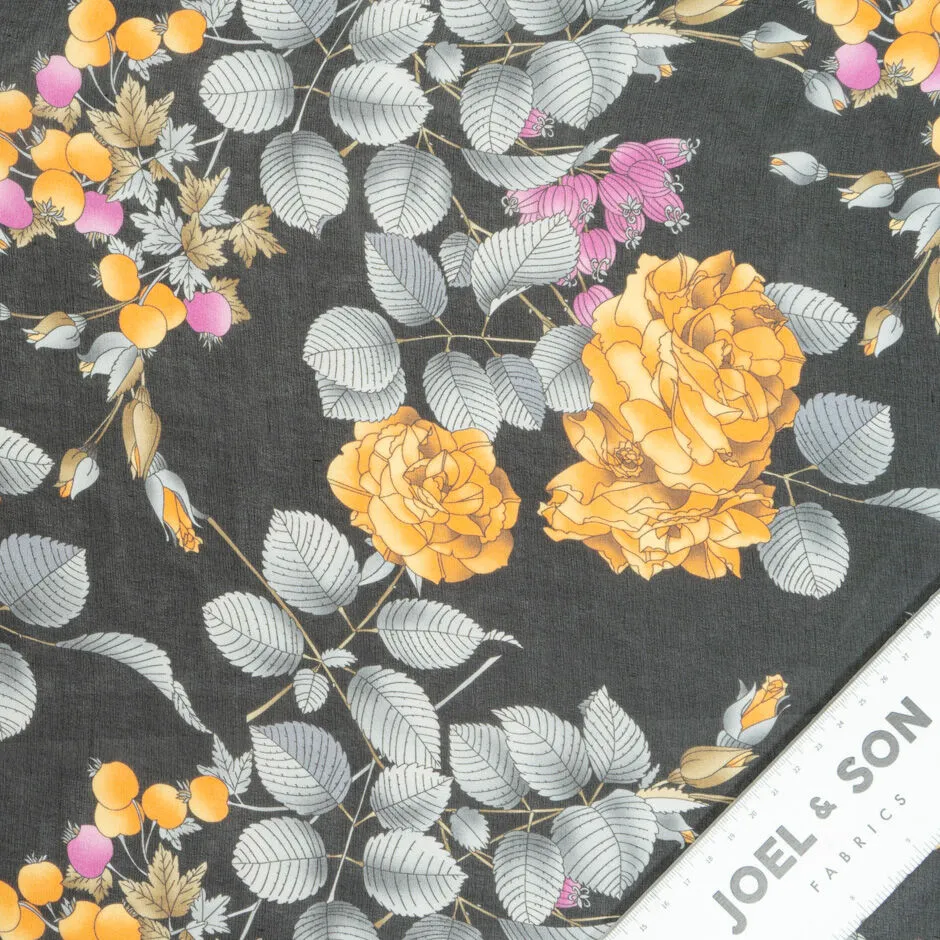 Orange & Grey Floral Printed Black Silk Georgette