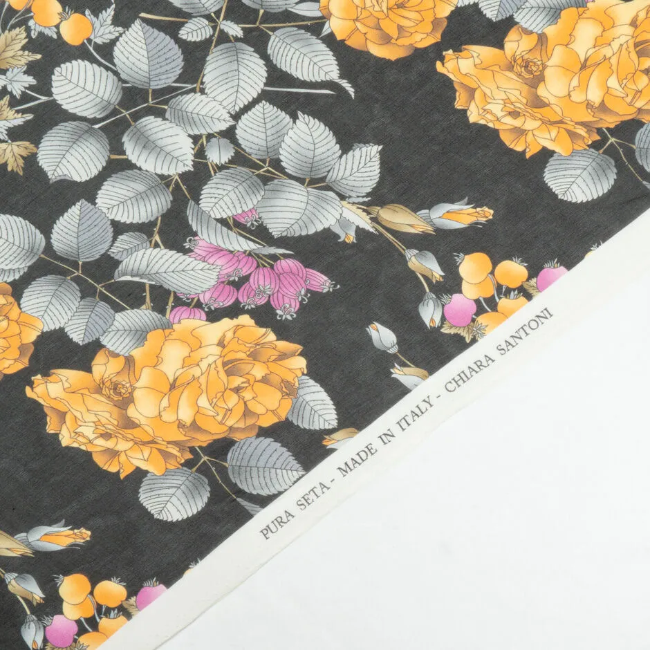 Orange & Grey Floral Printed Black Silk Georgette