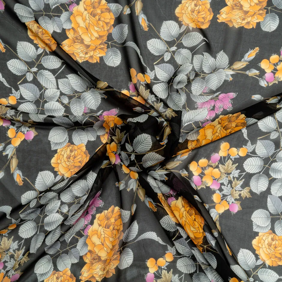 Orange & Grey Floral Printed Black Silk Georgette