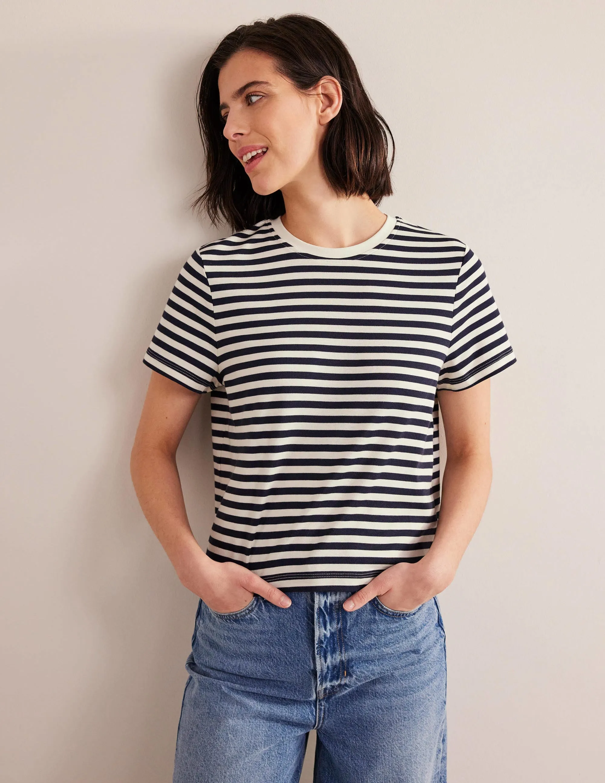 Perfect Cotton Cropped T-Shirt-Ivory / Navy Stripe