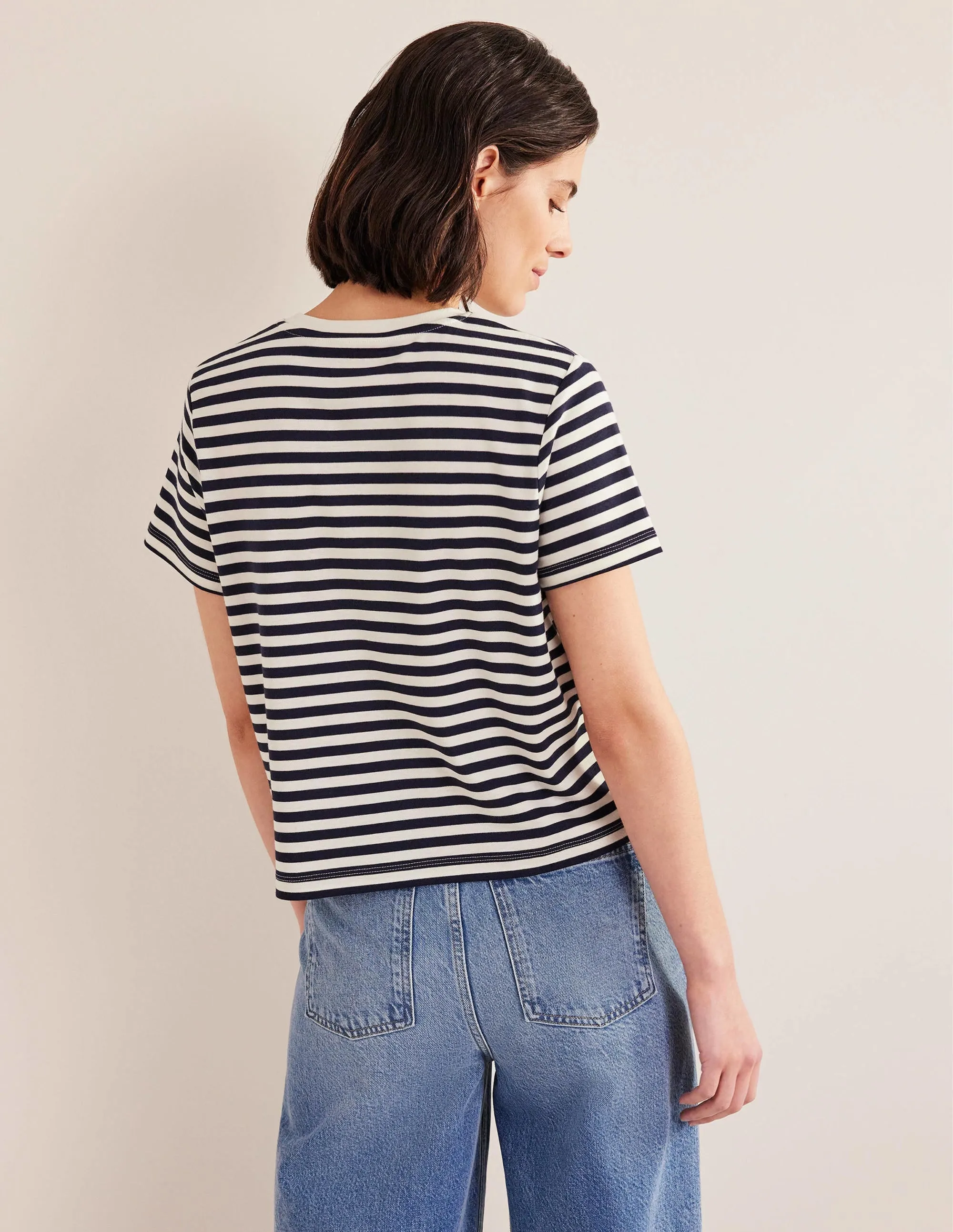 Perfect Cotton Cropped T-Shirt-Ivory / Navy Stripe