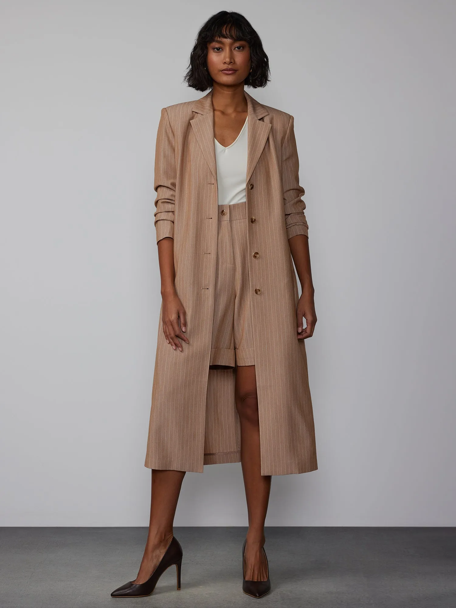 Pinstripe Notch Lapel Duster Jacket