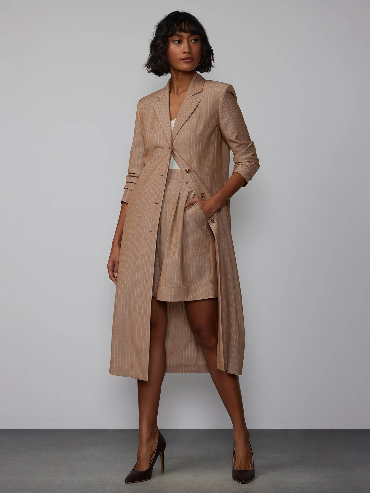 Pinstripe Notch Lapel Duster Jacket