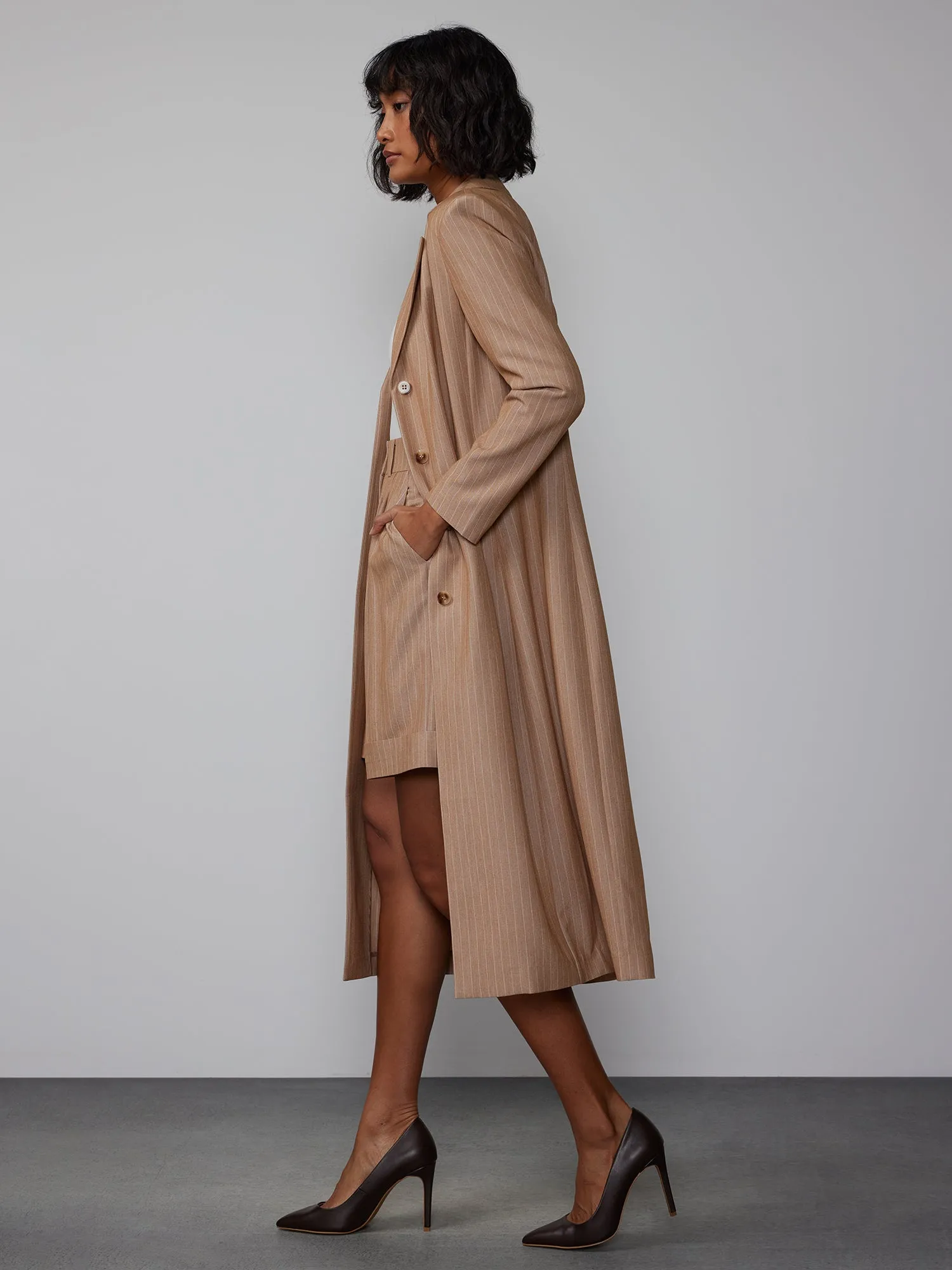Pinstripe Notch Lapel Duster Jacket