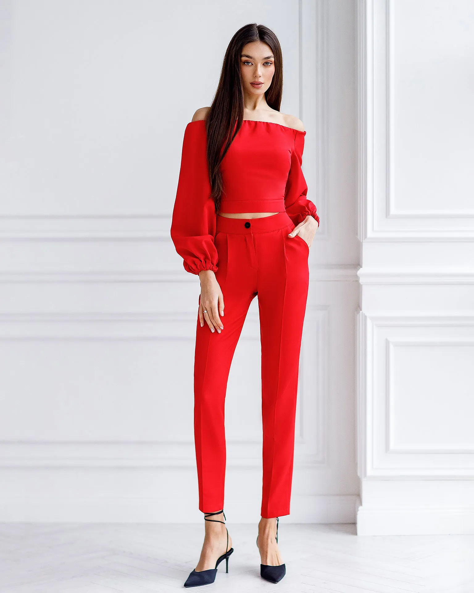 Red High Waisted Regular Fit Pants