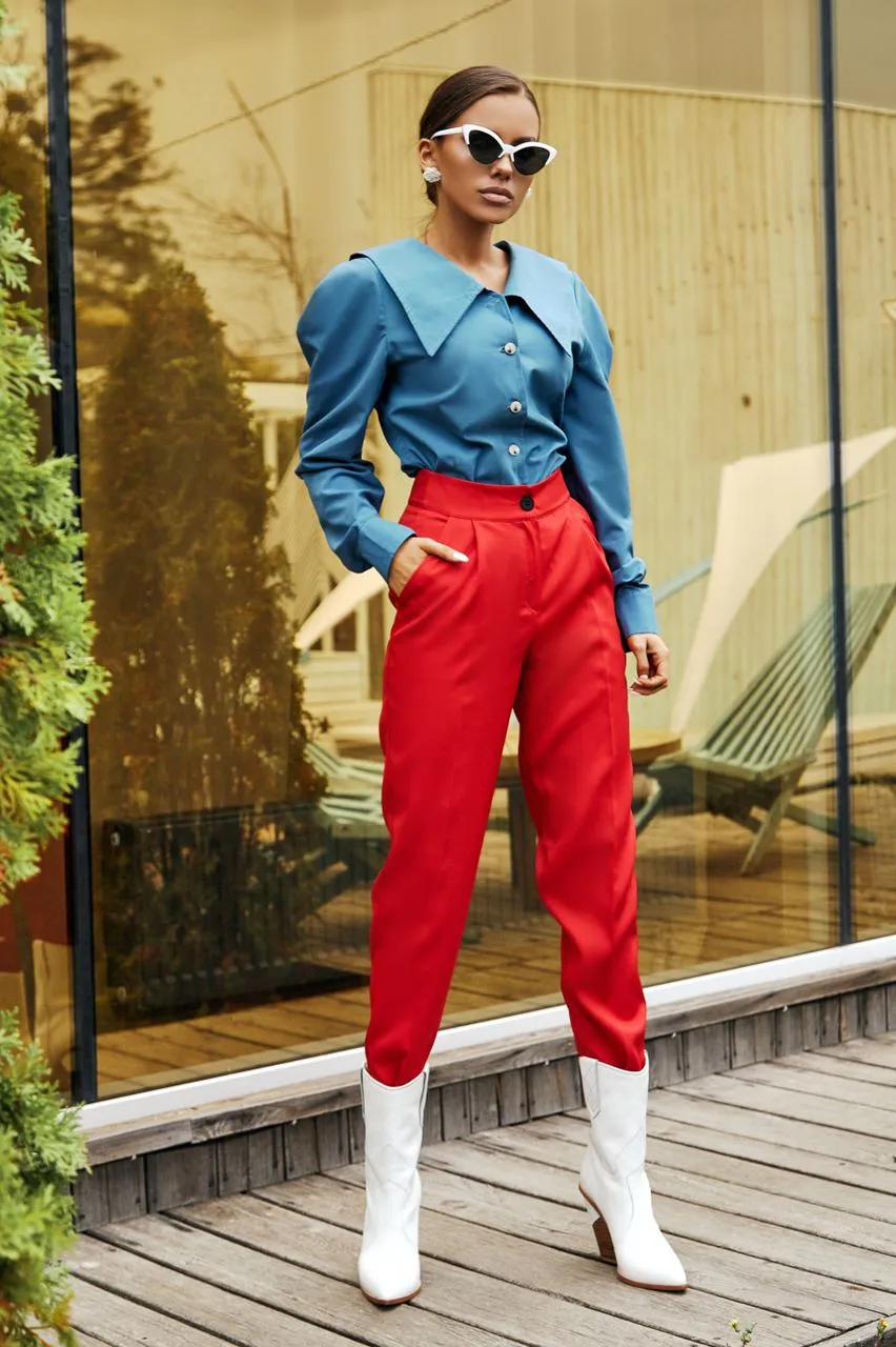 Red High Waisted Regular Fit Pants