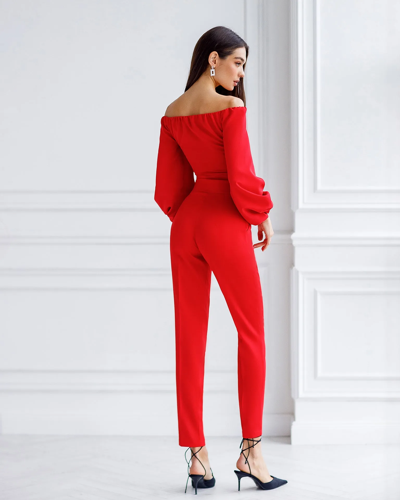 Red High Waisted Regular Fit Pants