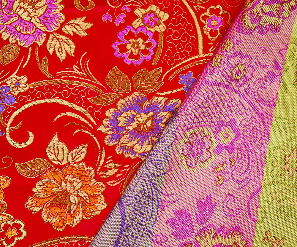 Red-Orange-Multi Polyester Floral Vine Pattern Chinese Brocade Woven Fabric