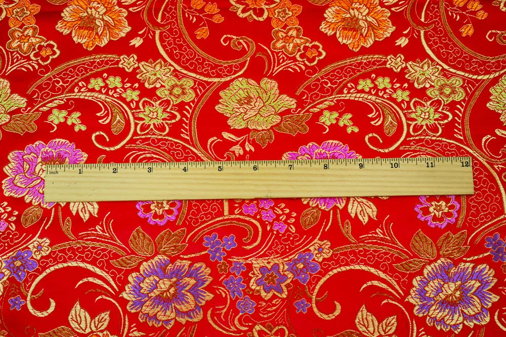 Red-Orange-Multi Polyester Floral Vine Pattern Chinese Brocade Woven Fabric