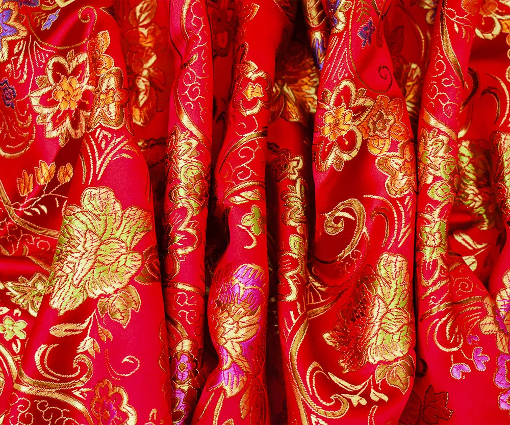 Red-Orange-Multi Polyester Floral Vine Pattern Chinese Brocade Woven Fabric
