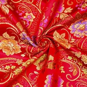 Red-Orange-Multi Polyester Floral Vine Pattern Chinese Brocade Woven Fabric