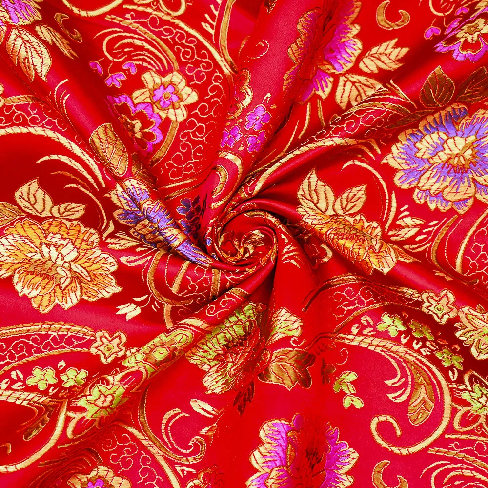 Red-Orange-Multi Polyester Floral Vine Pattern Chinese Brocade Woven Fabric