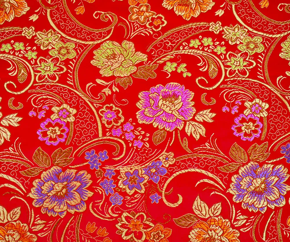 Red-Orange-Multi Polyester Floral Vine Pattern Chinese Brocade Woven Fabric