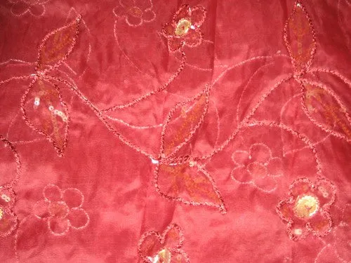Red Wine Colour Silk Organza with Floral Embroidery~Width54