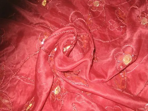 Red Wine Colour Silk Organza with Floral Embroidery~Width54