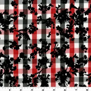 Red/White/Black Velvet Flocked Floral Print Gingham Shirting Fabric