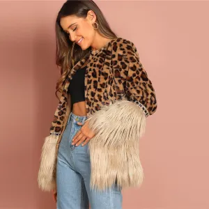 SHEIN Casual Multicolor Modern Lady Contrast Faux Fur Leopard Long Sleeve Coat  Autumn Women Highstreet Party Outerwear