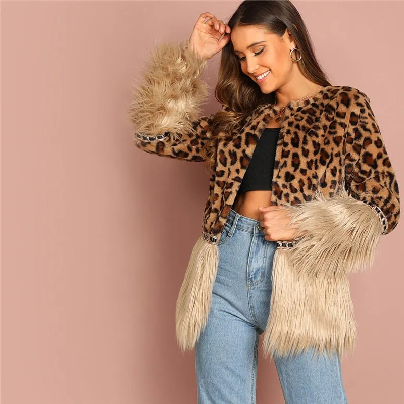 SHEIN Casual Multicolor Modern Lady Contrast Faux Fur Leopard Long Sleeve Coat  Autumn Women Highstreet Party Outerwear