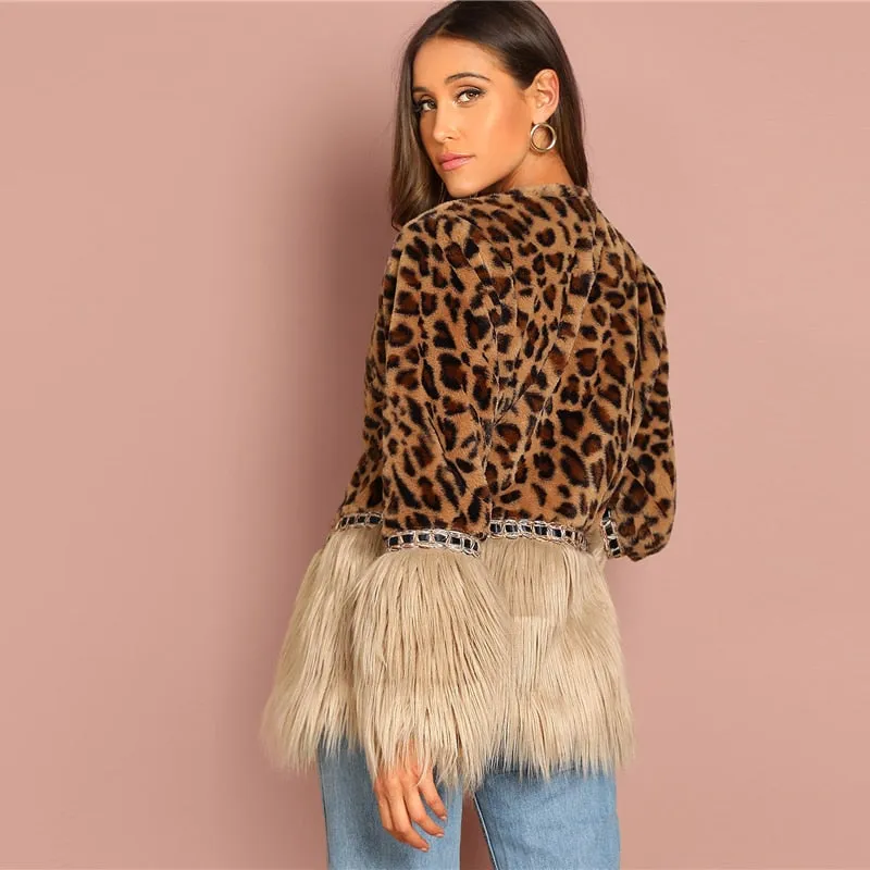 SHEIN Casual Multicolor Modern Lady Contrast Faux Fur Leopard Long Sleeve Coat  Autumn Women Highstreet Party Outerwear