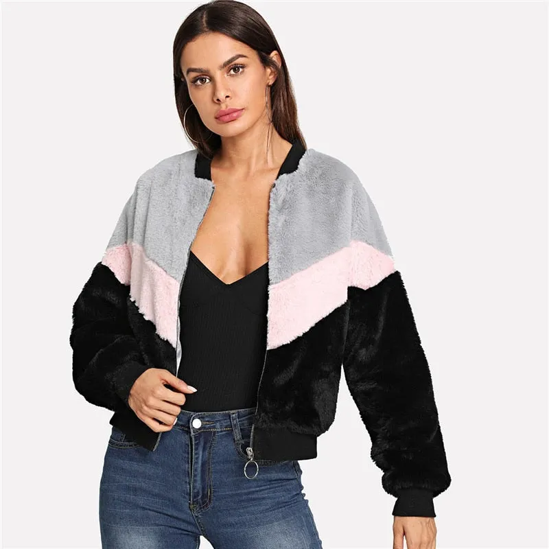 SHEIN Multicolor Preppy Chevron Fuzzy Zipper Up Colorblock Stand Collar Campus Jacket 2019 Autumn Casual Women Coat And Outwear