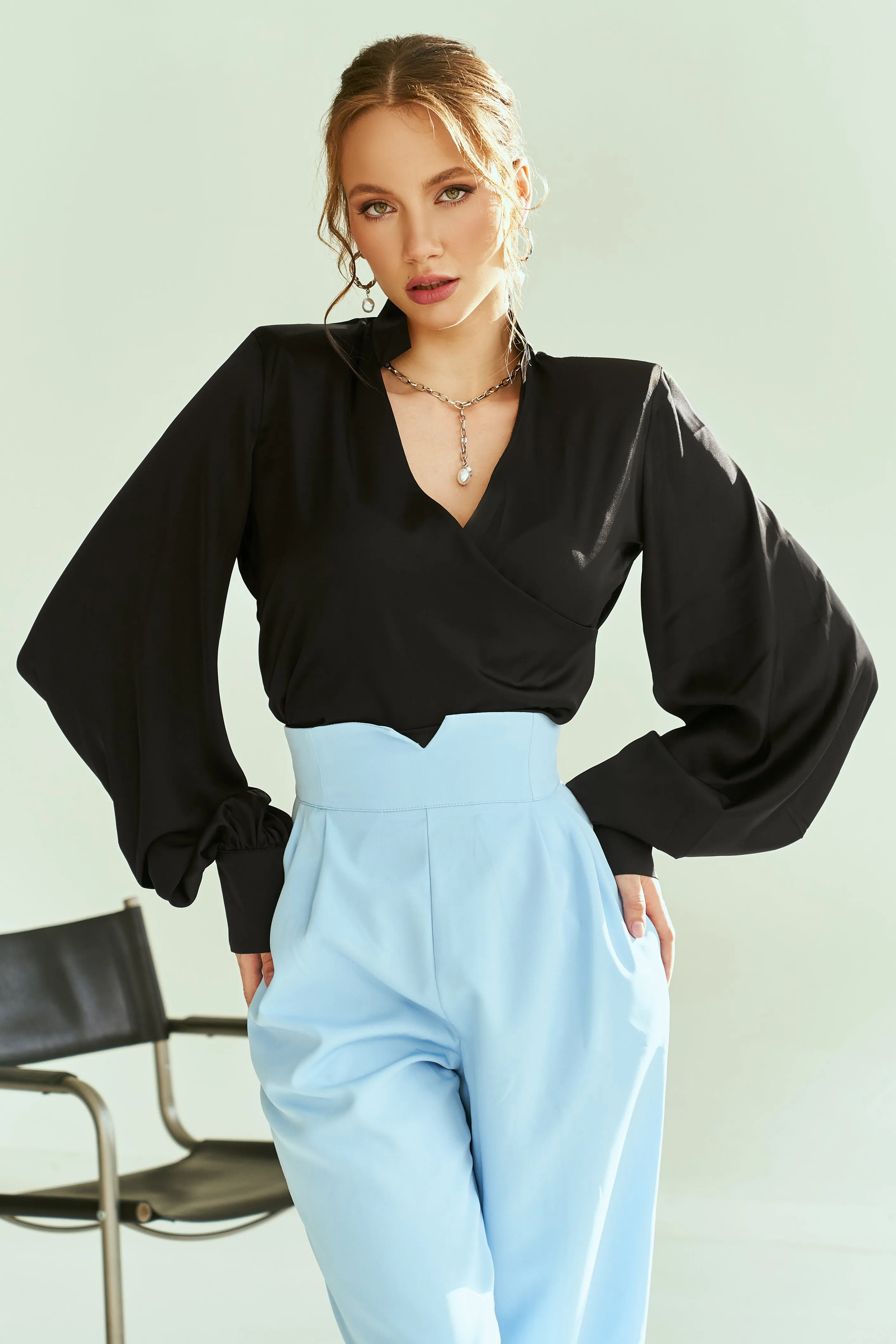 Sky-Blue High Waisted Regular Fit Pants