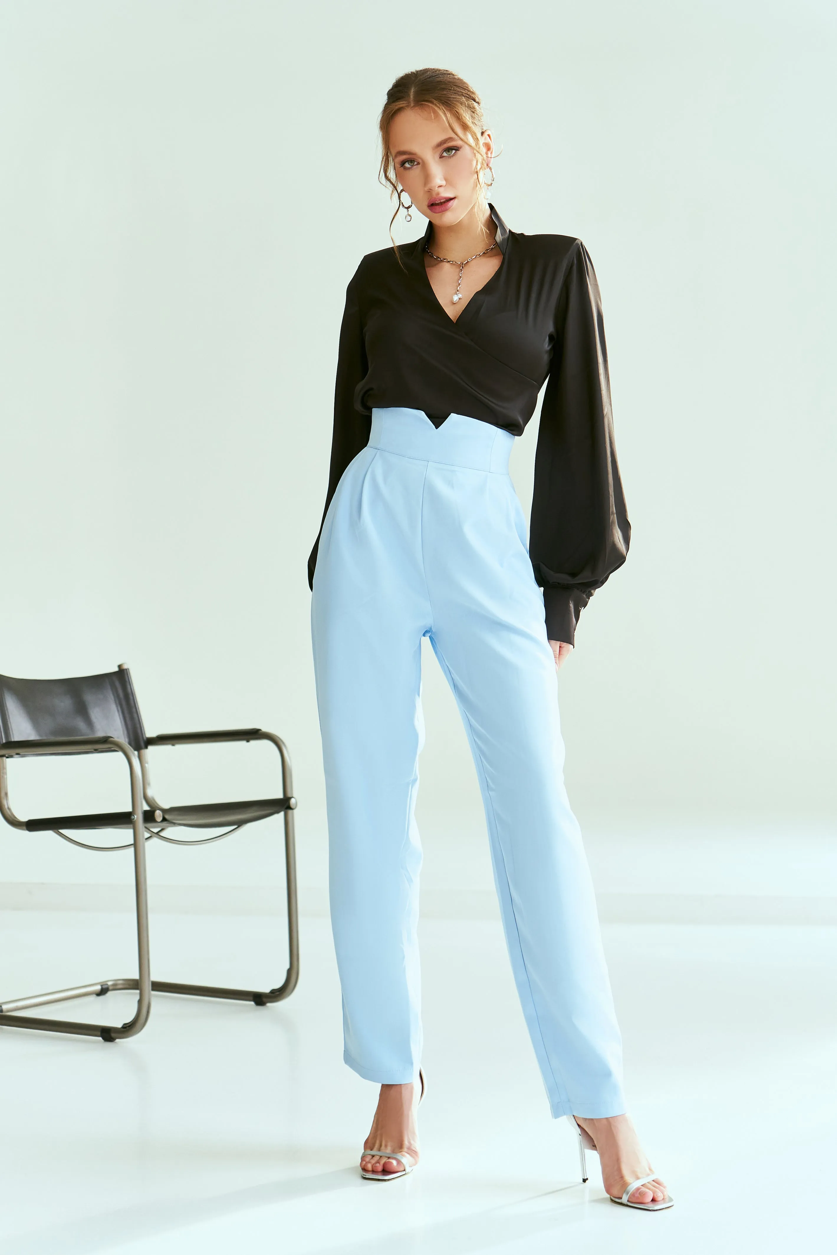 Sky-Blue High Waisted Regular Fit Pants