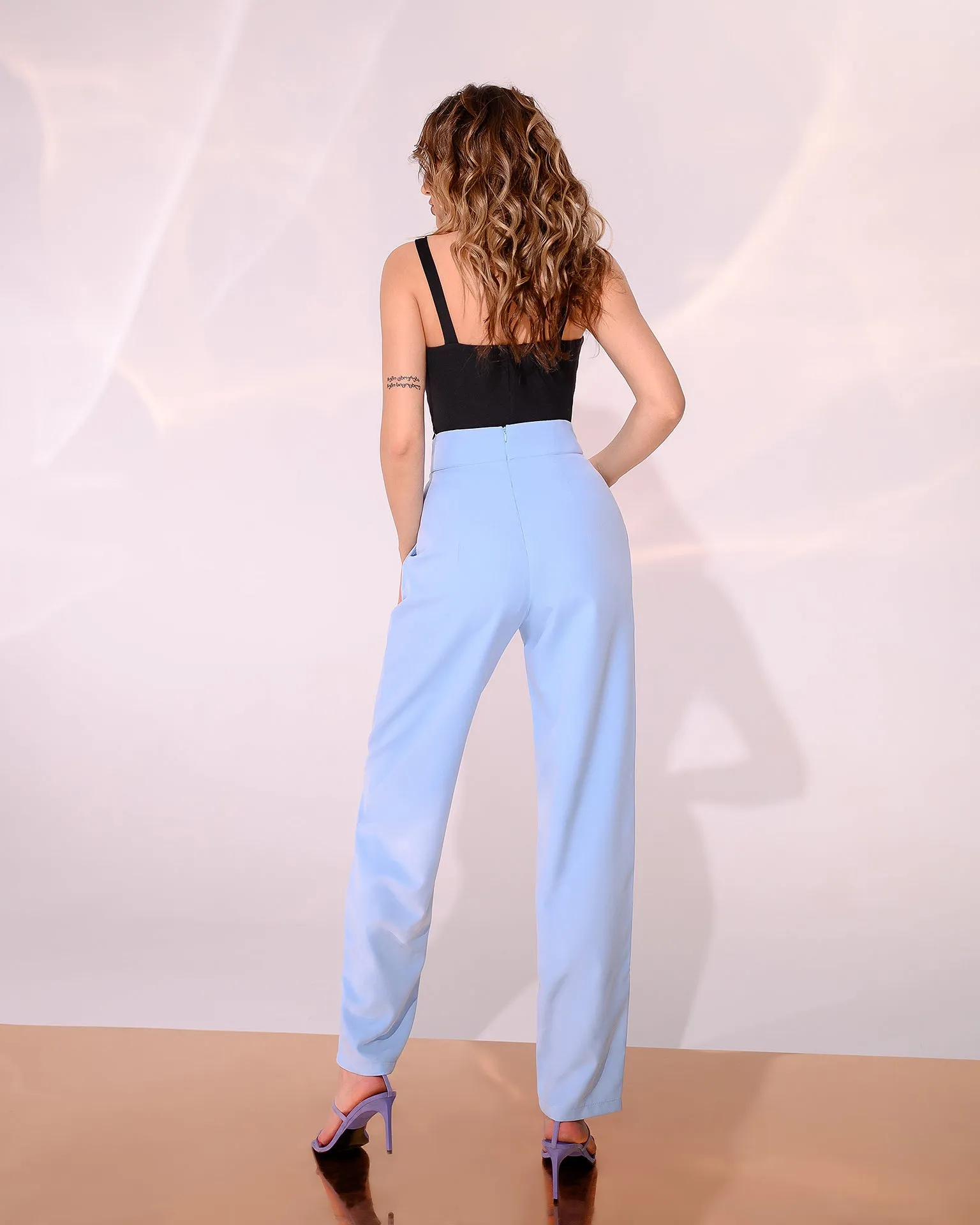 Sky-Blue High Waisted Regular Fit Pants