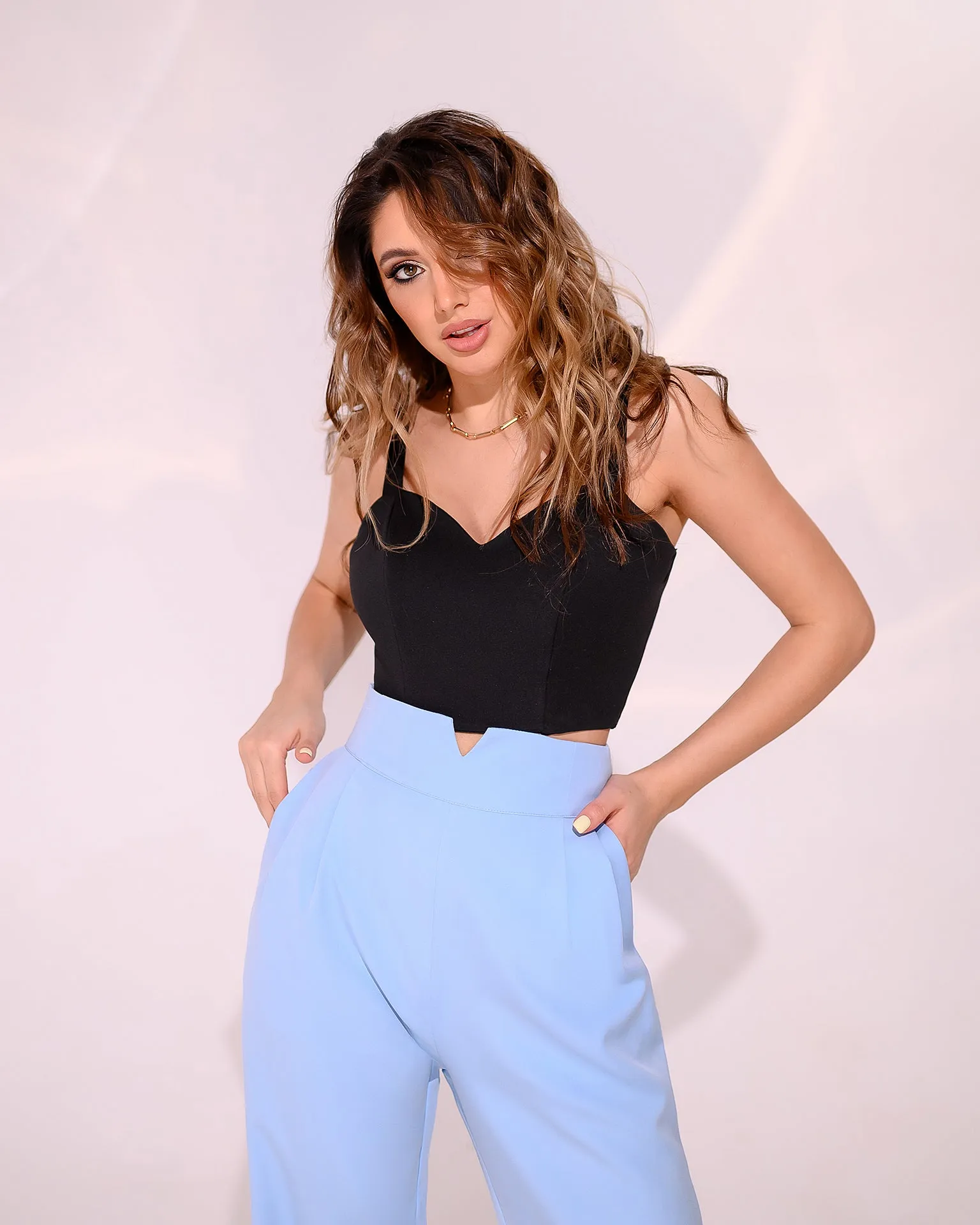 Sky-Blue High Waisted Regular Fit Pants
