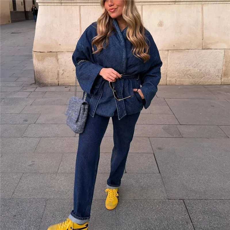 Solid Sashes High Street Girls Blue Loose Vintage Casual Outwear Woman Fashion Jacket