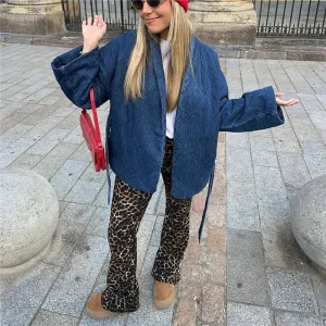 Solid Sashes High Street Girls Blue Loose Vintage Casual Outwear Woman Fashion Jacket