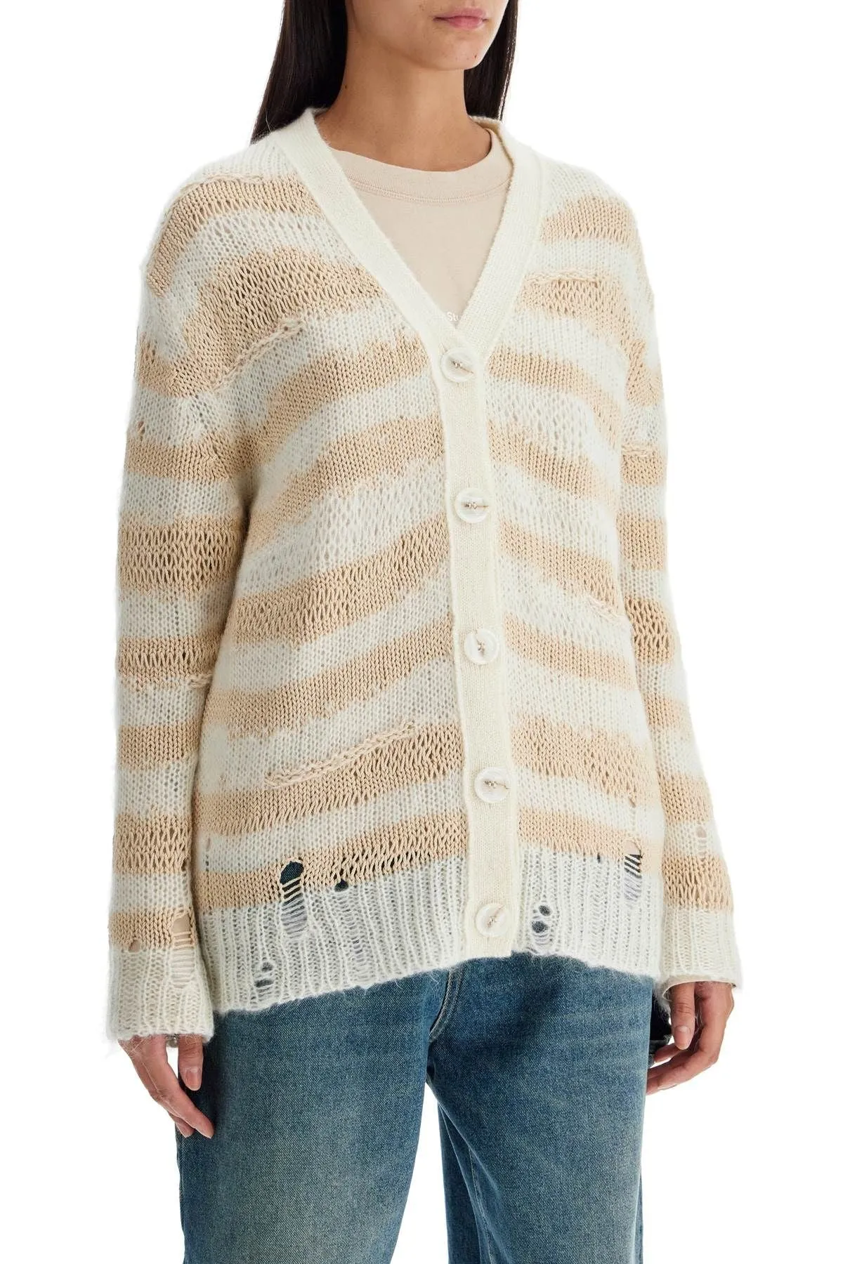 STRIPED DISTRESSED CARDIGAN WITH