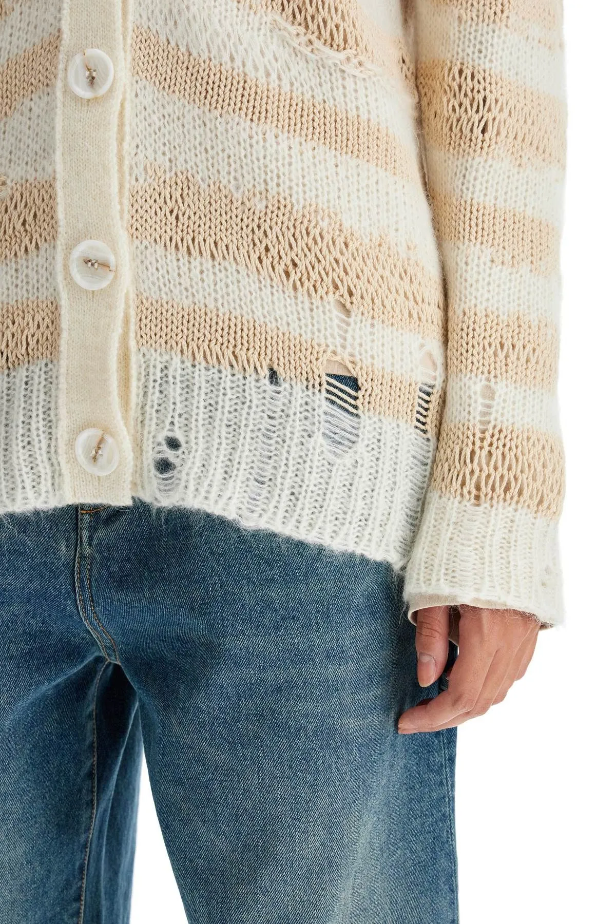 STRIPED DISTRESSED CARDIGAN WITH
