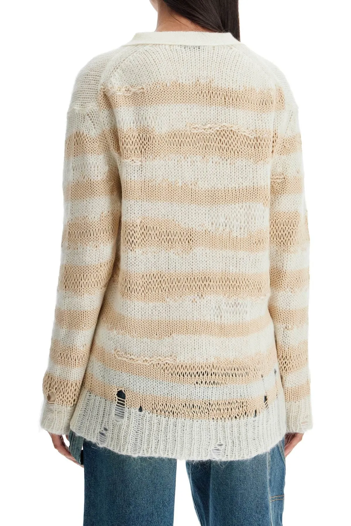 STRIPED DISTRESSED CARDIGAN WITH