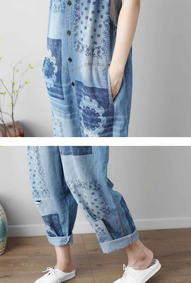 Summer Plus Size Ripped Floral Print Denim Overalls