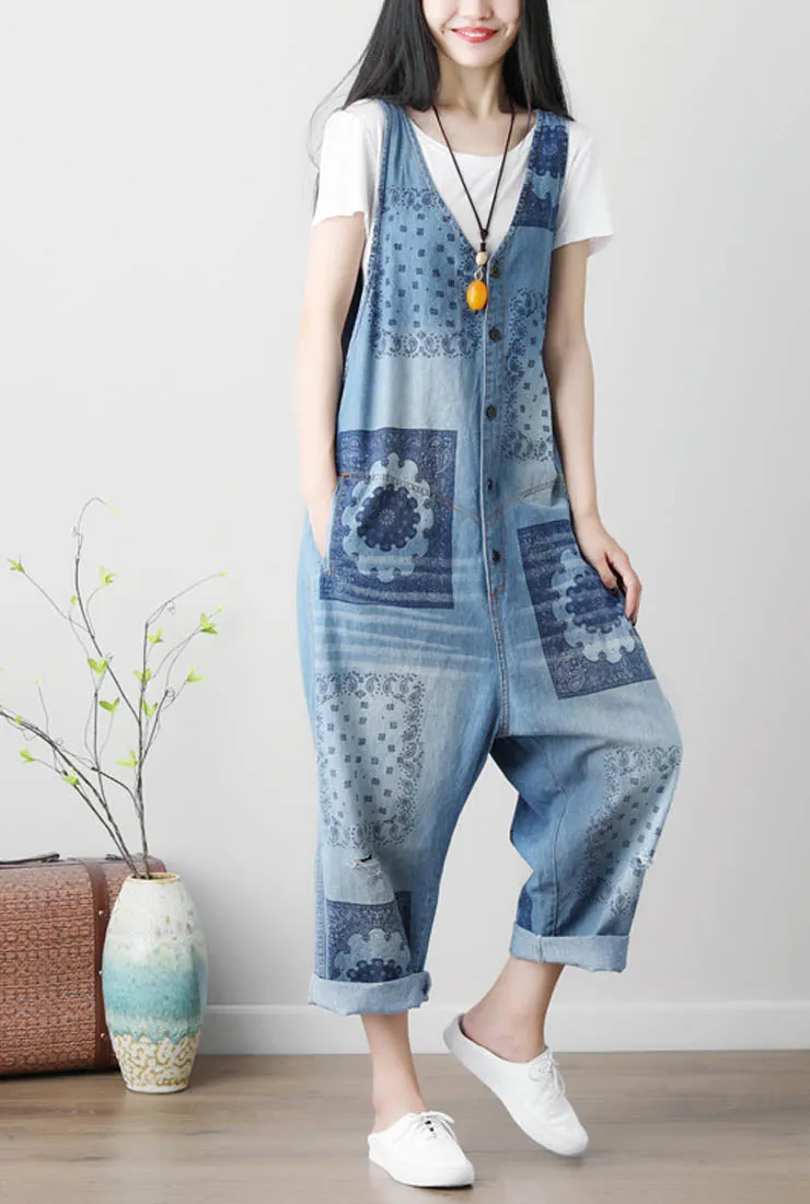 Summer Plus Size Ripped Floral Print Denim Overalls