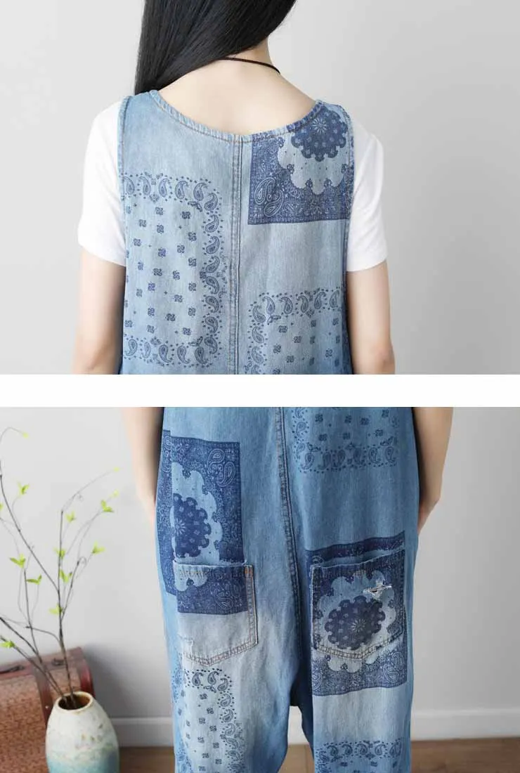 Summer Plus Size Ripped Floral Print Denim Overalls