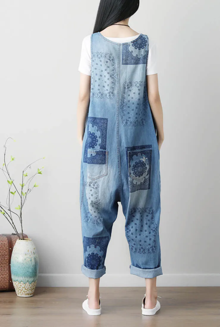 Summer Plus Size Ripped Floral Print Denim Overalls