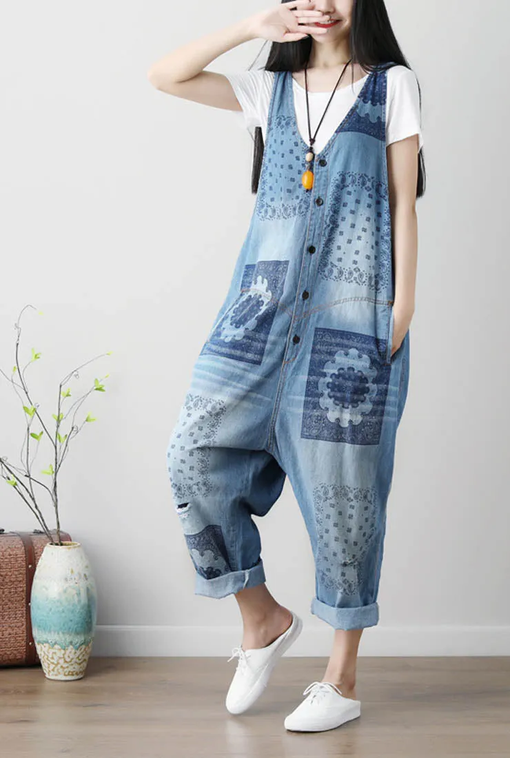 Summer Plus Size Ripped Floral Print Denim Overalls