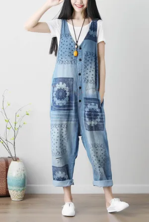Summer Plus Size Ripped Floral Print Denim Overalls