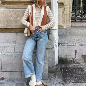 Vintage Lambhair Tank 2024 Winter Casual Thick Patchwork Tanks Girls Cool Loose Outwear Jacket