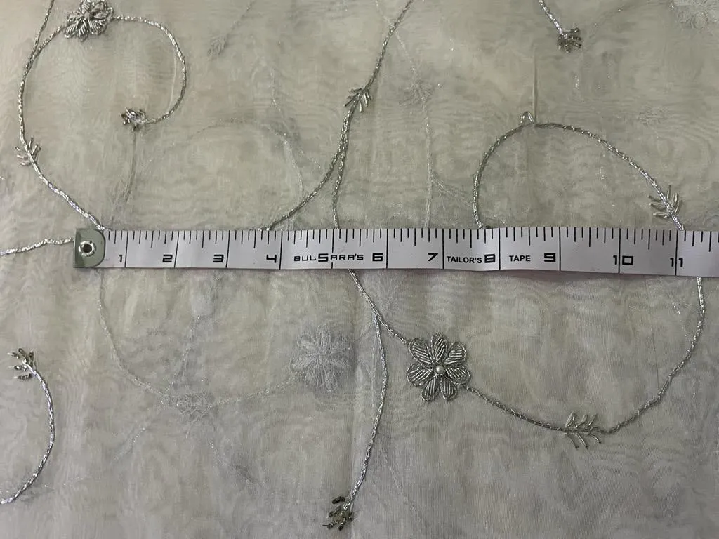 White color 100% silk organza fabric 44" wide available in 2 designs [SILVER ZARI embroidery and gold pearl embro0idery] [1099/15363]