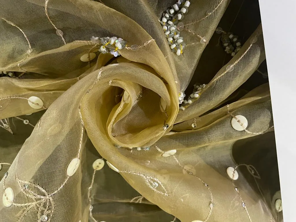 White color 100% silk organza fabric 44" wide available in 2 designs [SILVER ZARI embroidery and gold pearl embro0idery] [1099/15363]