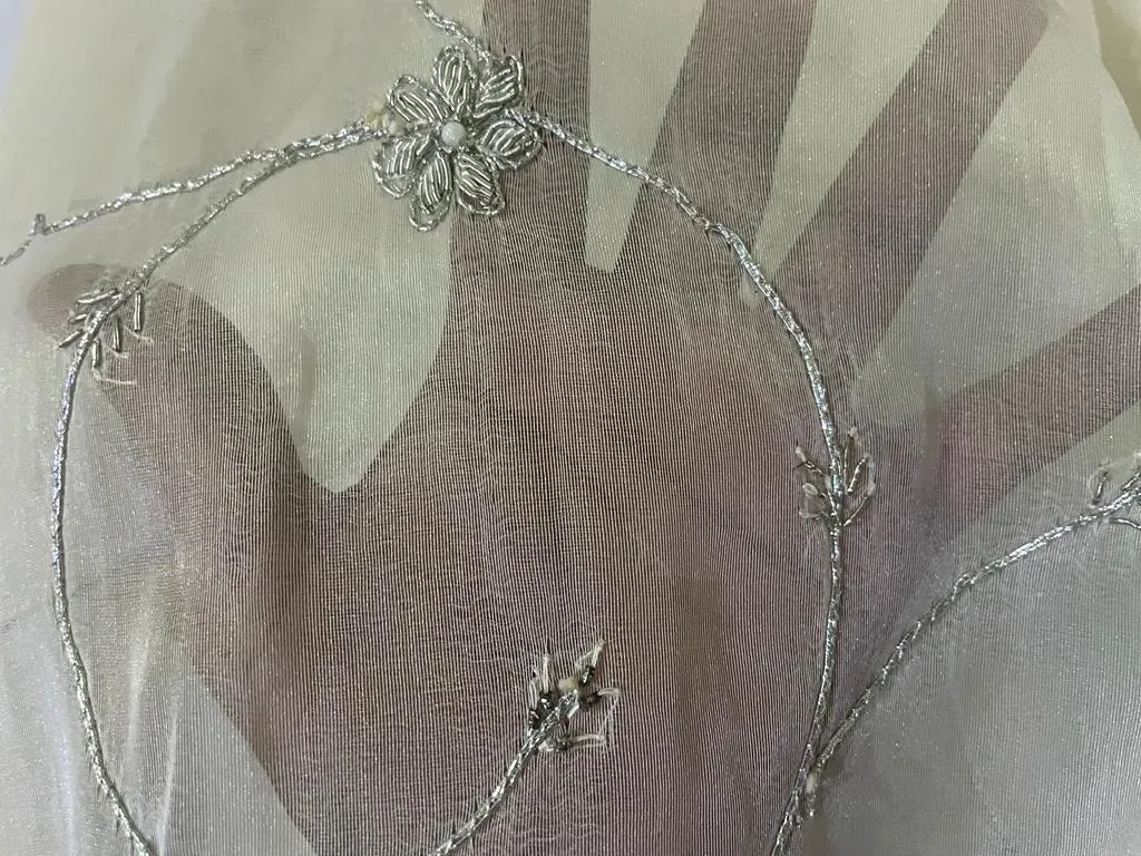 White color 100% silk organza fabric 44" wide available in 2 designs [SILVER ZARI embroidery and gold pearl embro0idery] [1099/15363]