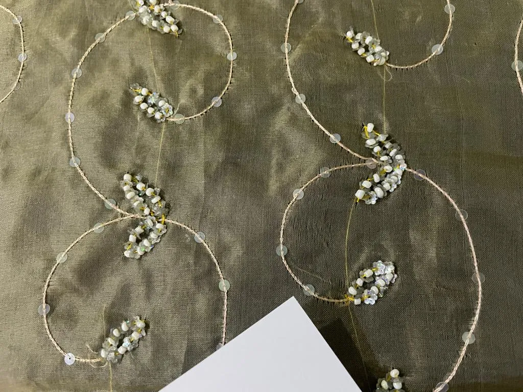 White color 100% silk organza fabric 44" wide available in 2 designs [SILVER ZARI embroidery and gold pearl embro0idery] [1099/15363]