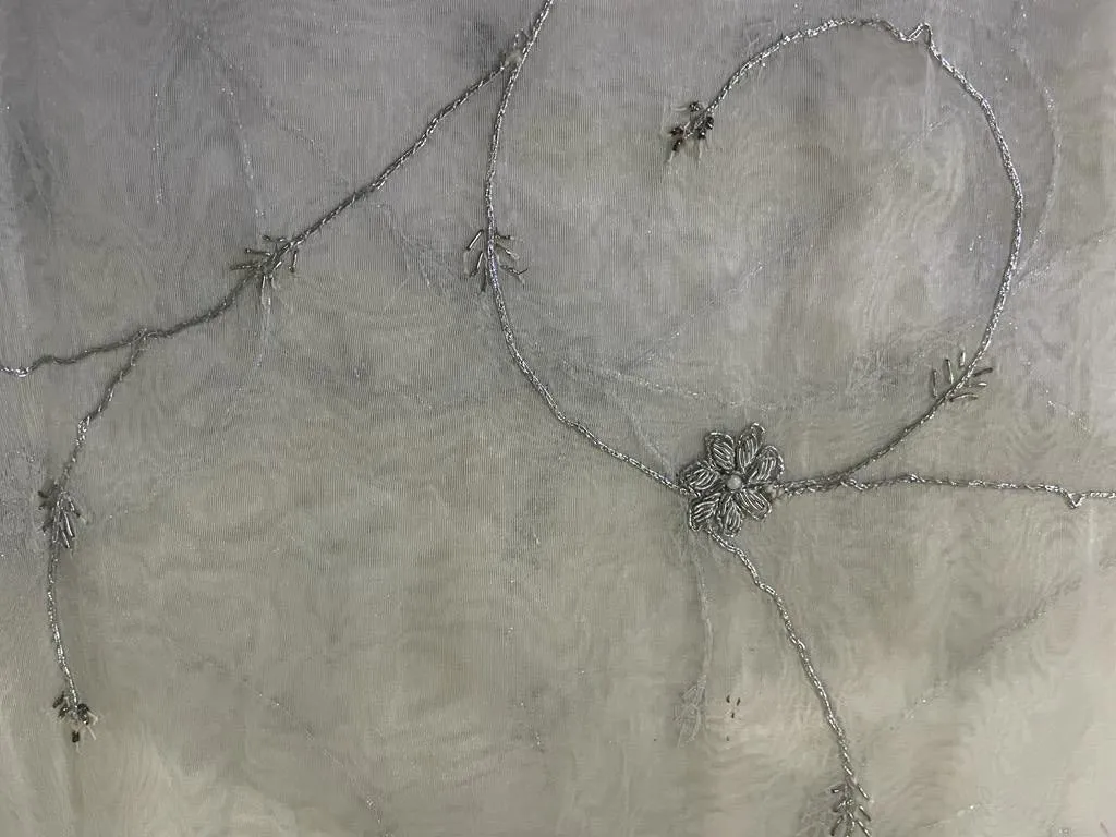 White color 100% silk organza fabric 44" wide available in 2 designs [SILVER ZARI embroidery and gold pearl embro0idery] [1099/15363]