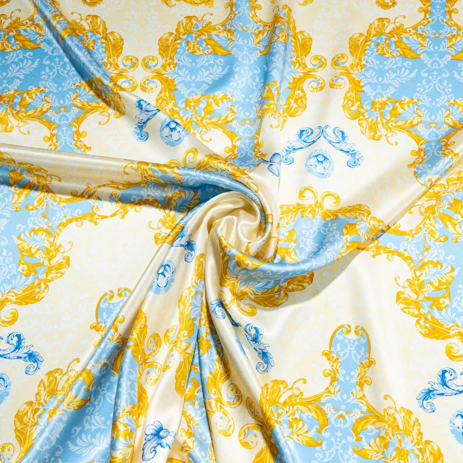 Yellow, Blue & Cream Printed Silk Satin